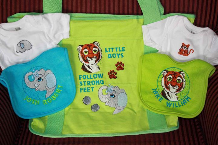twin boys got these onesie w/ bibs and tote bag